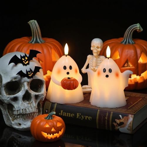 Halloween Ghost Flameless Candles with Timer Hand-Painted Pumpkin