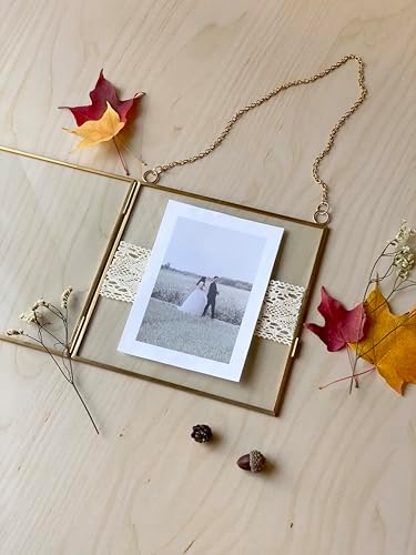 Glass Frame for Pressed Flowers, Leaf and Artwork - Hanging Square Metal Picture Frames, Clear Double Glass Floating Frame, Wall Decor Photo Display, Set of 2 Flower Press Frames with Chain (Gold, 10x10)