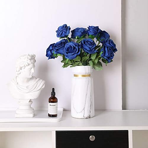 10pcs Blue Roses Artificial Flowers, Realistic Faux Rose with Long Stem