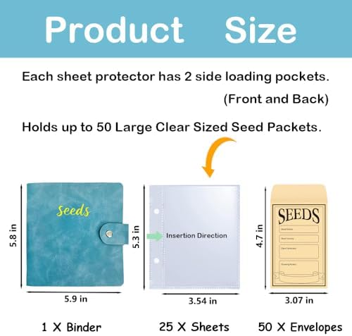 Seed Storage Organizer Binder, Seed Packet Organizer with 50 Clear Pockets