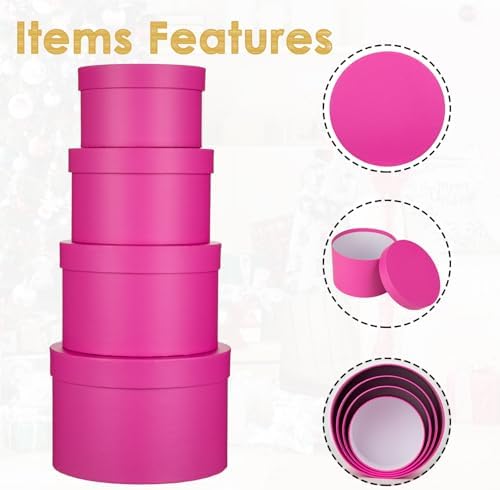 Round Gift Boxes with Lids Flower Boxes for Arrangements Hot Pink Round Box Set of 4 Nesting Gift Boxes with Lids for Flowers Arrangements Empty, Bridesmaid, Proposal, Wedding, Birthday, Party Favor