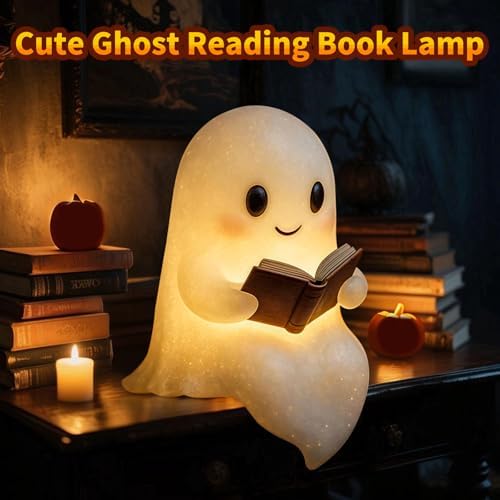 QETRABONE Halloween Ghost Reading Book Lamp, Funny Ghost Figurine Statue