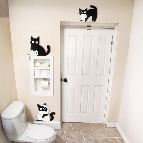 Dripykiaa Funny Black Cat Bathroom Decor Set, 3 Pcs Wooden Cats