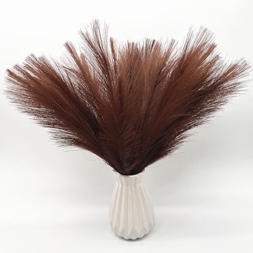 Fake Pampas Grass Plants Artificial Reeds Decoration Set of 28 Stems 17” Faux Florals Bulrush Fluffy Beige Branches Home Wedding Party Vase Fillers Christmas DIY Feathers Décor - Brown Coffee 28 Pcs