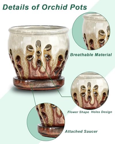 vensovo 2 Pack 4 inch Orchid Pots with Holes and Saucers, Blue and Brown