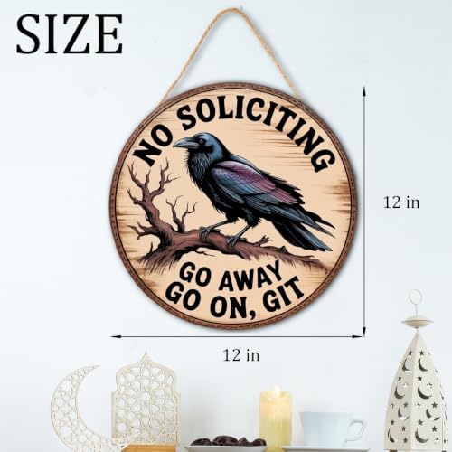 No Soliciting Wood Hanging Sign for Front Door, Crow Gifts Go On Git Door Sign