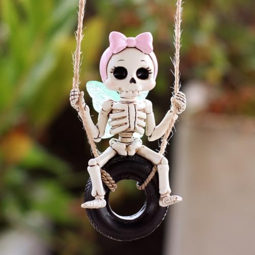 Swing Fairy Skeleton Garden Statue with Luminous Wings, 4.21 Inch Cute Small Skeleton Figurine Resin Sculpture Funny Tree Hanging Ornaments for Patio Lawn Yard Outdoor Halloween Decor