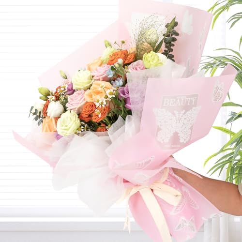20 Sheet Flower Wrapping Paper-Waterproof Bouquet Paper (Butterfly Pink)
