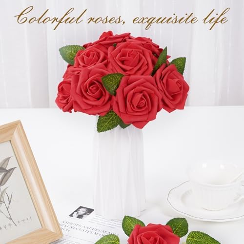 BLEUM CADE 16Pcs Artificial Flowers Fake Foam Roses with Stems for Wedding
