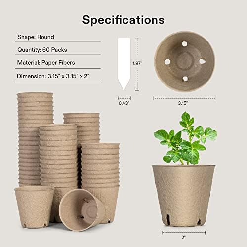 VIVOSUN 3.15“ Peat Pots, 60 Packs Seed Starting Pots with Drainage Holes
