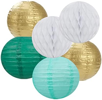 Sage-Green Teal-Gold Baby-Shower Party Decorations - 14pcs Rustic Wedding Paper Lanterns Fan,Tissue Pom Poms Streamers,Honeycomb Balls,Birthday Bachelorette Engagement Bridal Decor Lasting Surprise