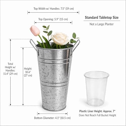 Galvanized Flower Bucket Set of 8, 10.6" Tall Metal Floral Buckets with Plastic Liner, 5.9" Top Opening, Tabletop Buckets for Flower Bar, Wedding Centerpieces, Bouquet Display