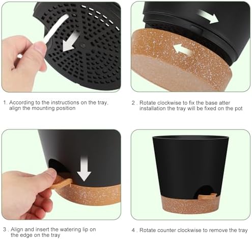 YNNICO Indoor Self Watering Planters with Drainage Holes and Saucers, 8, 7, 6.5, 6, 5.5, 5 Inches, Black, 6 Pots (Pack of 2)