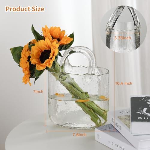 Glass Purse Vase with Handle – 10 Inch Handmade Clear Glass Handbag Vase, Multifunctional Centerpiece for Flowers, Fish Tank, or Home Decor, Table, Bedroom, Kitchen, and Events