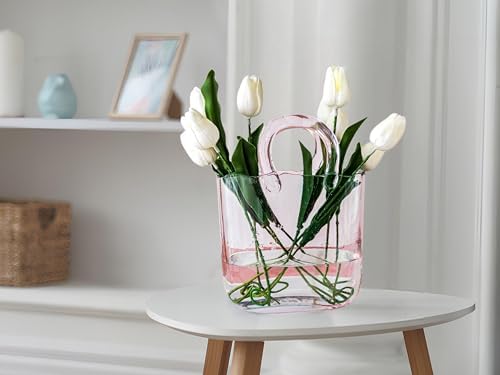 OLEEK Handmade Glass Purse Vase for Flowers and Drinks - 10 in - Cute Pink Centerpiece & Fish Bowl - Unique Handbag Flower Vase - Wide Mouth Decorative