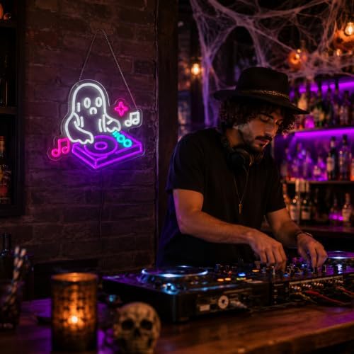 DJ Ghost Halloween Neon Sign, Dimmable LED Music Neon Sign for Wall Decor