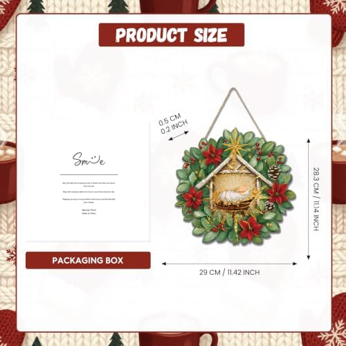 Smile Wooden Christmas Door Sign, Nativity Manger Wreath Design Religious Front Door Hanger Farmhouse Holiday Decor