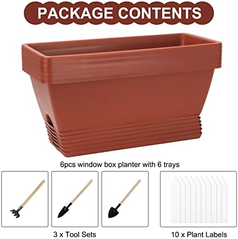 Window Box Planter, 6 Pcs 17" Flower Rectangle Planters Boxes Outdoor, Red