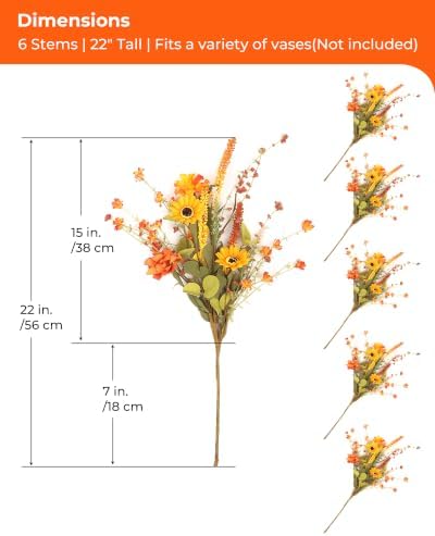 6-Pack Fall Stems Artificial Arrangement Flowers Bouquet Decoration Eucalyptus Leaves Autumn Harvest Home Décor Silk Sunflowers Daisy Grain Berries