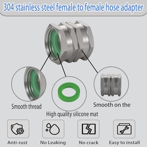304 Stainless Steel Female to Female Garden Hose Adapter，3/4" GHT to 3/4" GHT Fitting Connect, Green Thumb Quick Swivel Connector Adapter, Double Hose Connector