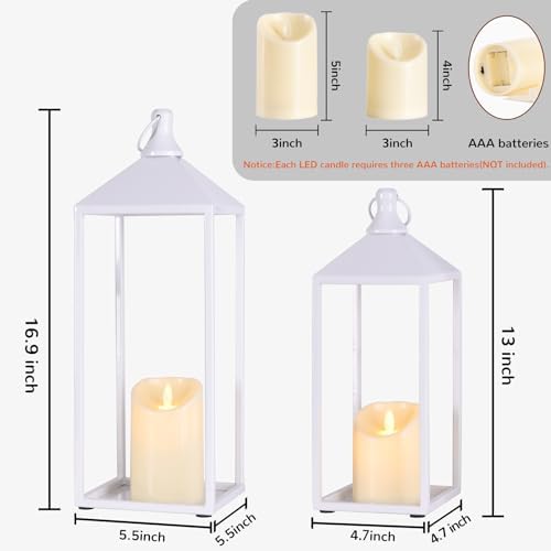 White Decorative Lantern Decor 17" 13" Set of 2 Wedding Lantern with Candle
