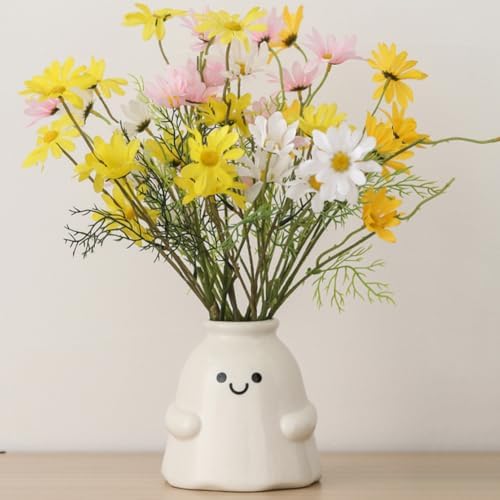 Cute Ghost Vase Ceramic Ghost Bucket Vase, H 5.9" Halloween Vases Ceramic Ghosts Decor for Home Table Desk Bedroom Halloween Decorations, Ceramic Vases for Flowers (B-Bright Surface)
