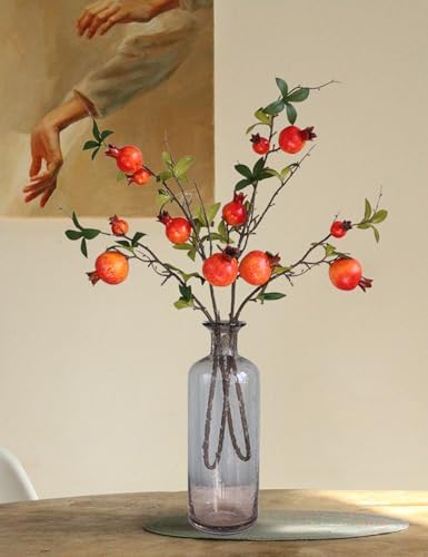 Forlaoers 2pcs Pomegranate Tall Orange Artificial Flowers Faux Holly Berry Fall Stems Branches Fake Fruit for Christmas Tree Filler Home Living Room Vase Table Decorations Centerpieces