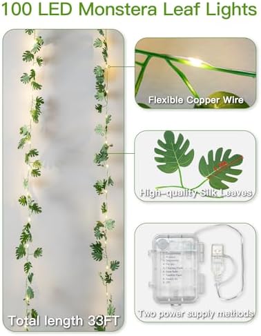 suddus 33FT Monstera Vines with Lights Battery & USB Powered Copper Wire