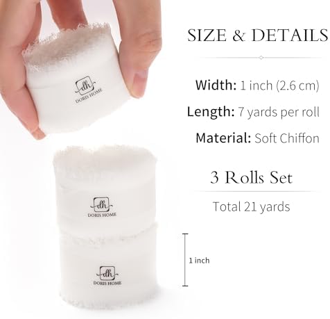 DORIS HOME Handmade Frayed Fringe Chiffon Ribbon 1" x 21Yd White