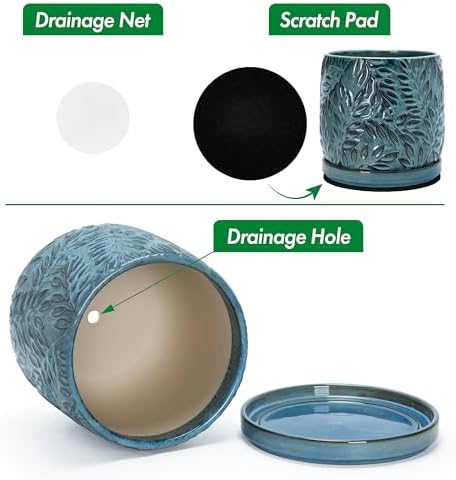 D'vine Dev Embossed Leaves Ceramic Planter, 8 in, Ocean Teal, 27-A-Q-8