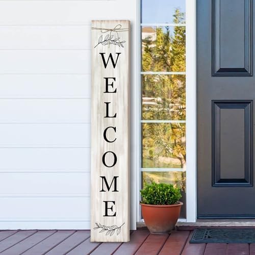 Welcome Sign for Front Porch Standing - Wooden Vertical Hanging Farmhouse Decor With Leaves for Front Door and Home Decorations 47.2"H
