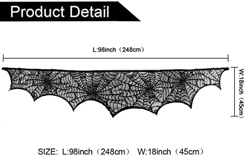 Halloween Black Lace Spiderweb Fireplace Mantle Scarf Cover and 60 Bats