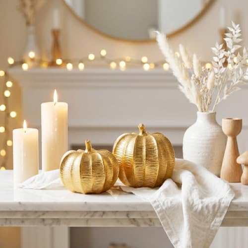 Gold Pumpkins Fall Decor, 2Pcs Decorative Pumpkin Figurine for Thanksgiving