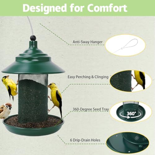 Finch Feeder - All-Metal Squirrel Proof Thistle Nyjer Seed Bird Feeder for Outdoors, 2.5LB Capacity, Powder-Coated Rust Resistant Mesh Design for Goldfinches & Small Birds Green (Pack of 2)