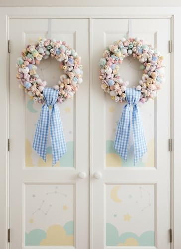 2 Pack Blue White Plaid Wreath Sash Front Door Decoration, Blank Sashes Patriotic July 4th Summer Holiday Party Bow Ribbon Bundle Indoor Outdoor Farmhouse