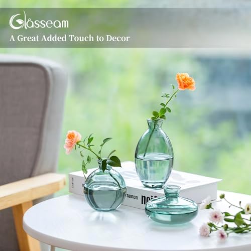 Glasseam Glass Bud Vase for Centerpieces, 6Pcs Green Small Flower Vase Set