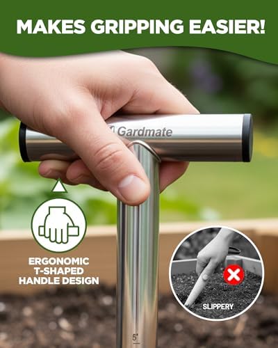 Stainless Steel Hand Dibber with Depth Markings & T-Handle, Rust-Resistant Bulb Planter Tool for Seeds, Seedlings & Bulbs – Ergonomic Design for Garden & Lawn