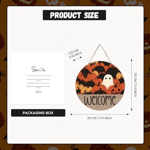 Smile Halloween Wooden Door Hanger with Welcome Ghost and Pumpkin Fall