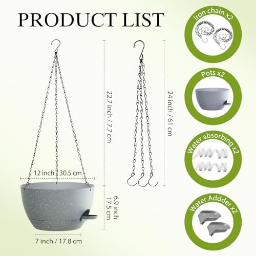 12 Inch Hanging Baskets 2 PC with Chains, Self-Watering Hanging Planters for Indoor Outdoor Plants, Plastic Hanging Flower Pots,Speckled Grey