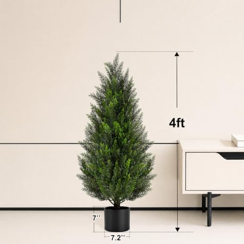 VIVATREES 4FT Artificial Topiary Cedar Trees, UV-Resistant Faux Evergreen Outdoor Plants, Artificial Pine Tree for Outdoor Front Porch Patio Entryway Decor, Set of 2