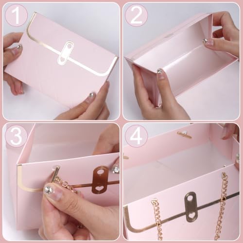 baotongle 6pcs Flower Paper Gift Box Bouquet Storage Bucket Handbag with Metal Chain Flower Boxes for Arrangements Wedding Valentine's Mother's Day Birthday Bridal Shower Pink