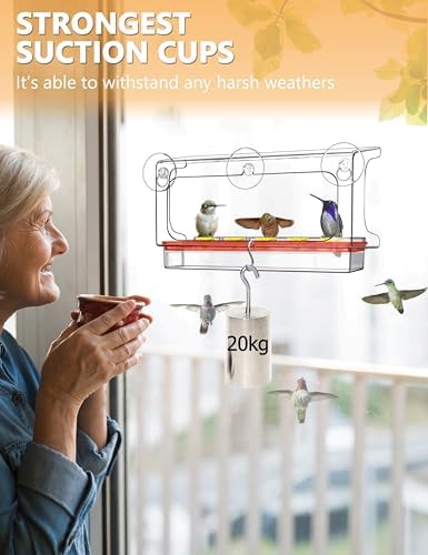 LUJII All One Piece Window Hummingbird Feeder with 5 Strongest Suction Cups, 20 fl.oz Hummer Feeder for Outside, Removable Lift-up Nectar Tray with 5 Feeding Ports, Gift for Bird Lover (Clear)