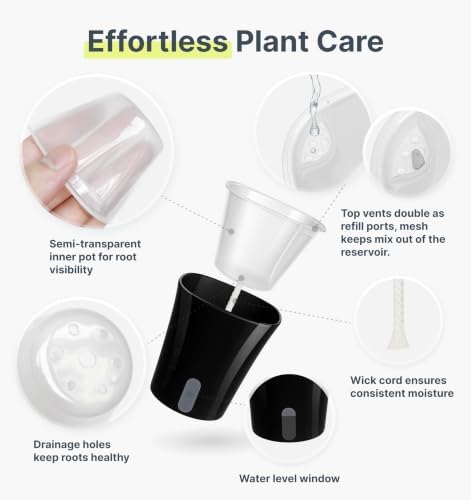 10 Pack 3" Self Watering Pots for Indoor Plants, Clear Inner Cup, Small Black Plastic Planters, Water Level Indicator, Drainage Holes, Extra 3ft Wick, Cuttings,Seedlings,Herb,African Violet