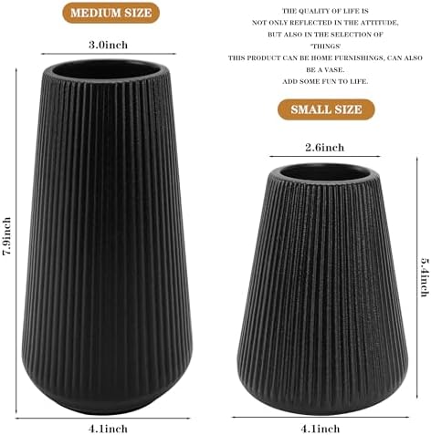 Black Ceramic Vase, GUKJOB Small Cute Flower Vase for Pampas Grass, Home, Living Room, Dining Table, Farmhouse, Office Decor, Bedroom, Table, and Kitchen Shelf (Black - 2Pcs)