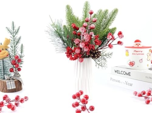 Feitore 30 Pack Snow Frosted Red Berry Stems 8.9" Holly Frosted Berry Picks Snowy Artificial Red Berries for Christmas Tree Filler Picks and Sprays Holiday DIY Crafts Christmas Decor