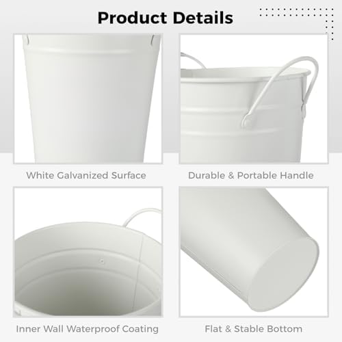 6 Pcs White Flower Buckets, Galvanized Metal Vases,9.8 Inches Flower Vase with Handles, French Flower Bucket，Rustic Farmhouse Vases for Home Decor Wedding Table Centerpiece