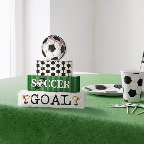 Smile Soccer Wooden Block Decor Set, 4-Piece SOCCER GOAL & Tiered Tray Tabletop Signs with Soccer Ball Figurine for Game Day & Sports Party Decorations