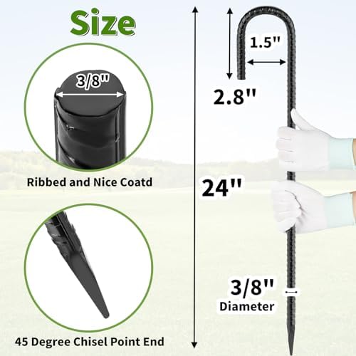 Besitu 24 inches J Hook Rebar Stakes (16-Pack), Extra Long Garden Stakes with Chisel Point End Steel Rebar Ground Stakes for Tent Chain Link Fence and Outdoor Decorations Black Coated