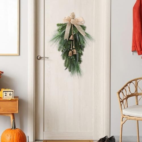 Artificial Christmas Swag with Bells and Bow, 20 Inch Norfolk Pine Teardrop Garland, Christmas Pine Needle Wreath for Door Window Mantle Fireplace Wall Indoor Outdoor Home Decor (Green)