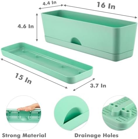 2-Pack Small Window Boxes Planters 16 Inch Rectangle Plant Box Rectangular Planter for Outdoor and Indoor Plants Plastic Windowsill Planter for Herbs Vegetable Flowers Long Window Sill Planters